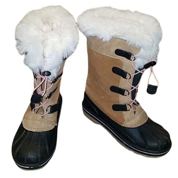 Cat & Jack Boots Leather Fur Winter SNOW Waterproof Kids YOUTH GIRLS Size 5 - Picture 1 of 11